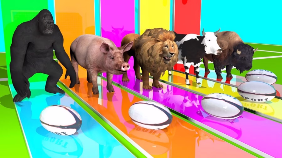 باز حیوانات وحشی بازی گوریل رنگ و حیوانات، فیل، کارتون اردک، شیر، فواره گاو