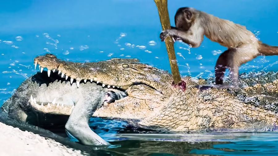 مادر بابون نوزادش را از دست کروکودیل نجات می دهد !!!! نبرد دردناک