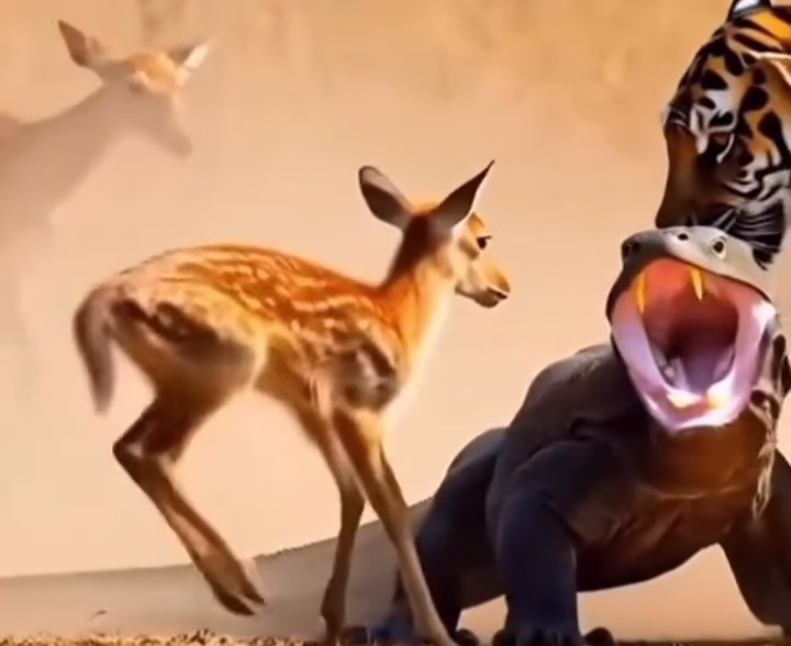 نجات بچه آهو از دهان کروکودیل توسط ببر